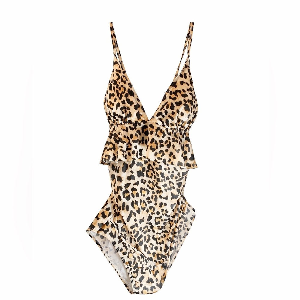 Summer Mae Leopard Print Ruffle One-Piece Swimsuit Crisscross Back Sz. Med. - Picture 2 of 10